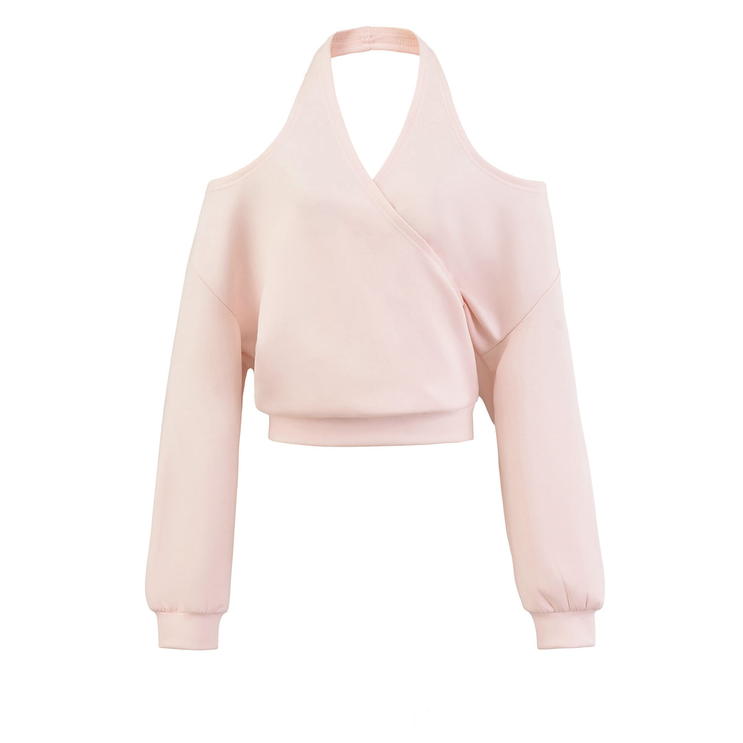 Damen Cropped Sweatshirt mit Neckholder, Cold-Shoulder und Wickeloptik Shop Nory