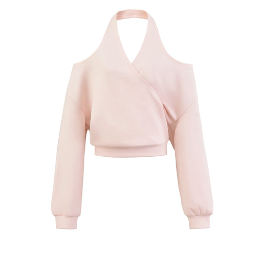 Damen Cropped Sweatshirt mit Neckholder, Cold-Shoulder und Wickeloptik Shop Nory