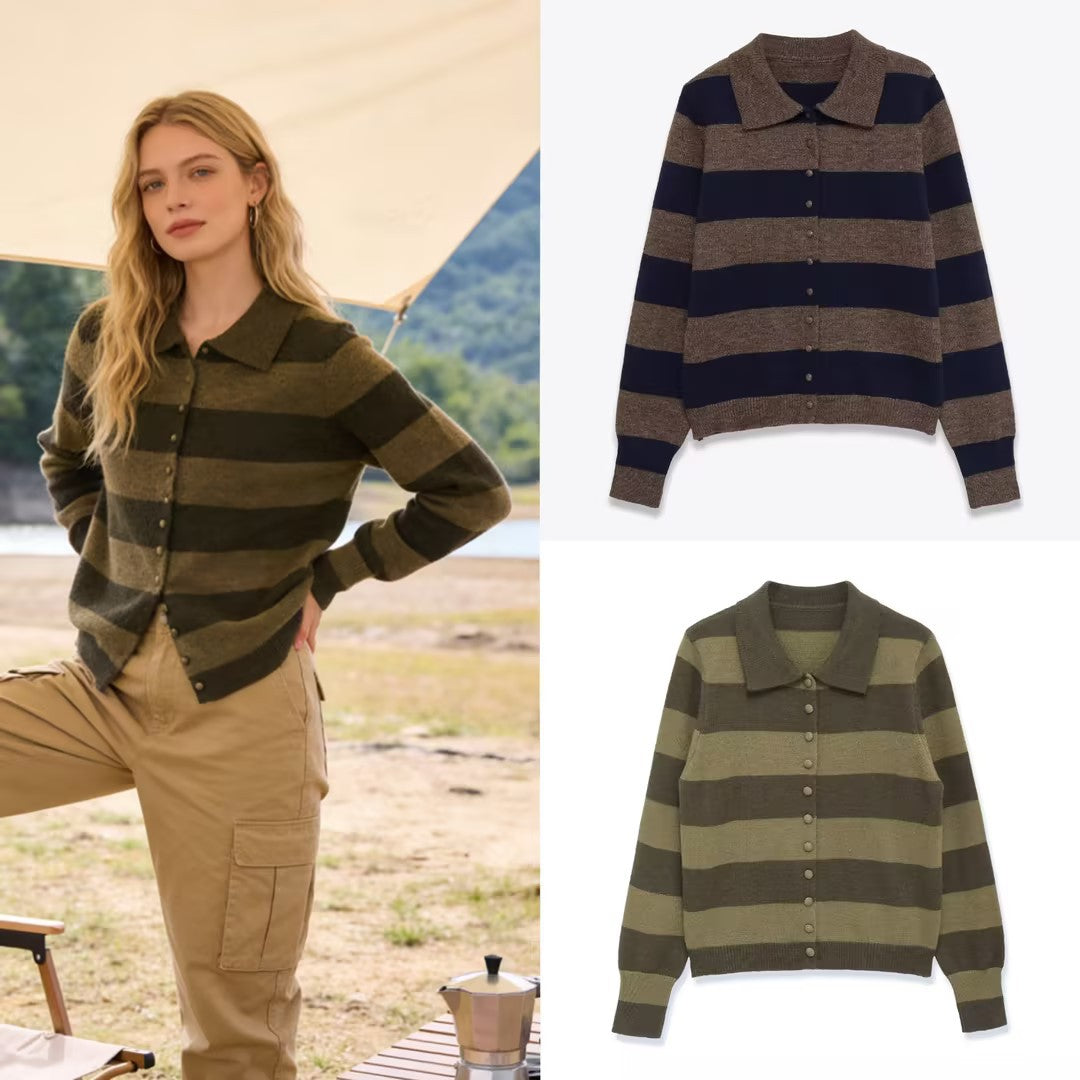 Damen Gestreifte Strickjacke mit Polokragen und Knopfleiste Shop Nory