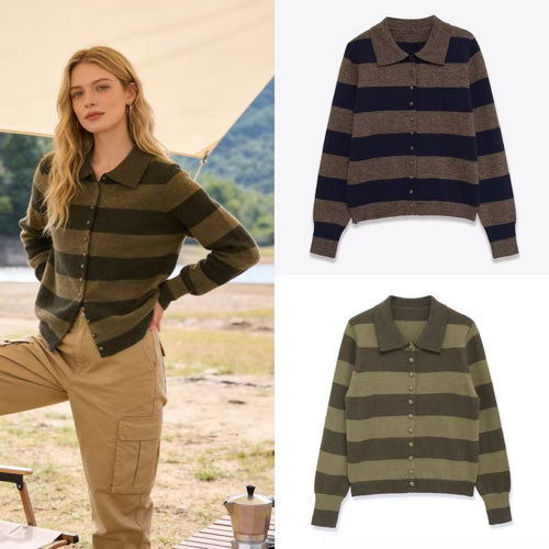 Damen Gestreifte Strickjacke mit Polokragen und Knopfleiste Shop Nory