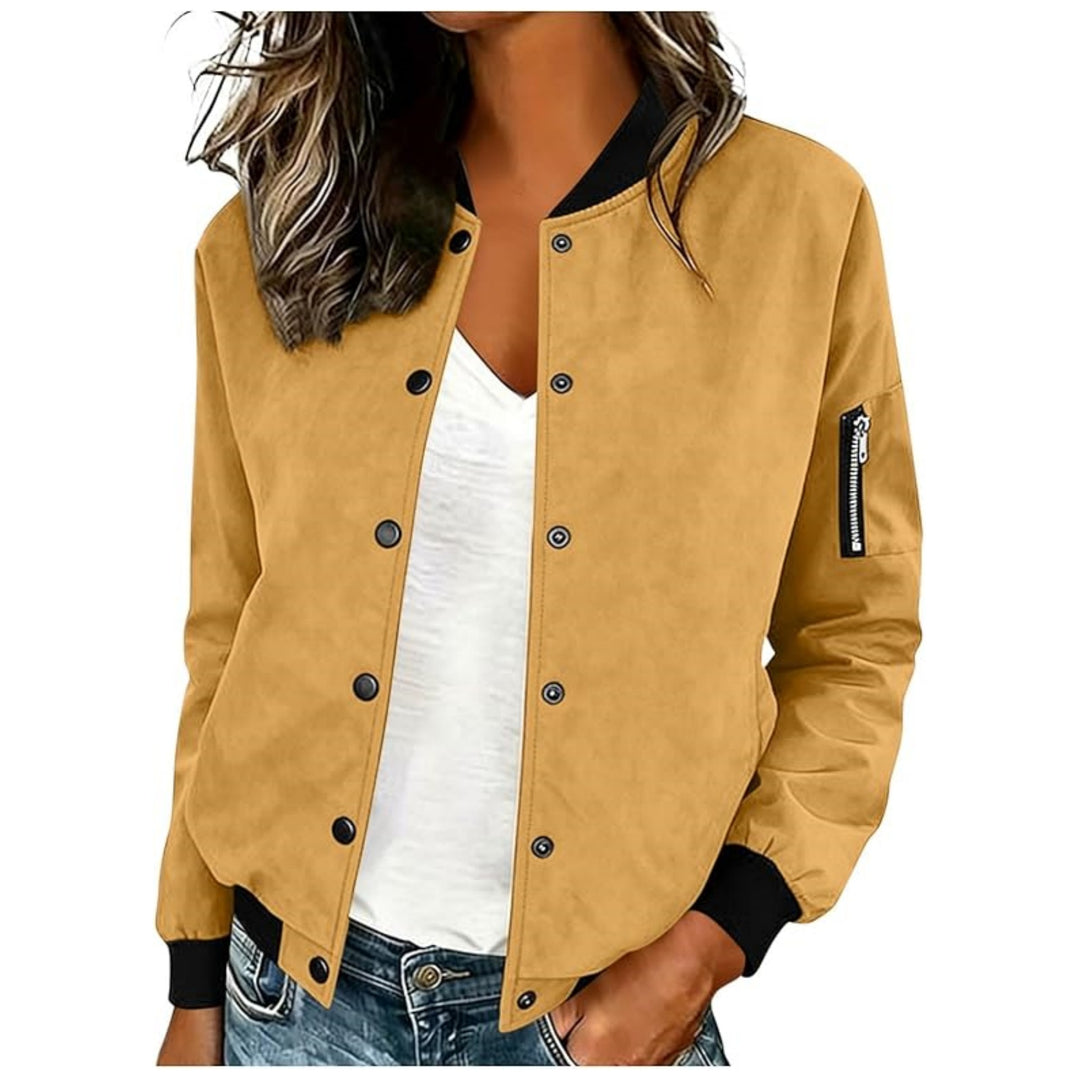 Damen Leichte Bomberjacke mit Druckknöpfen und Ärmeltasche Shop Nory