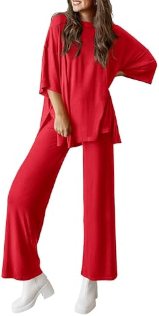 Damen Lässiges Lounge-Set aus weichem Jersey mit Oversize-Tunika und weiter Palazzo-Hose Shop Nory