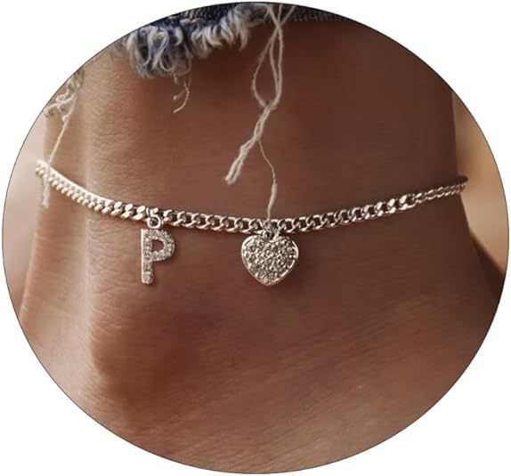 Damen Fußkettchen mit personalisiertem Buchstaben und funkelndem Herzanhänger Shop Nory