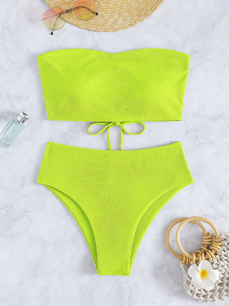 Damen Bandeau-Bikini mit hohem Bund und Rippdesign