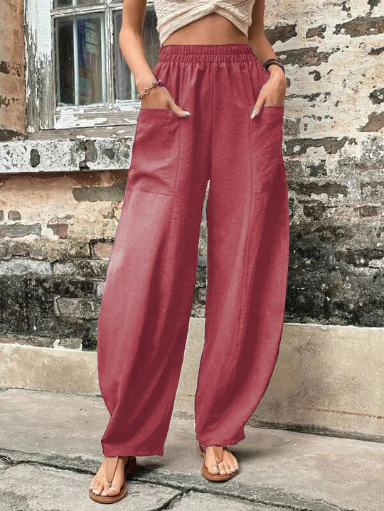 Damen Weite Leinenhose mit elastischem Bund, aufgesetzten Taschen und lässigem Harem-Schnitt Shop Nory