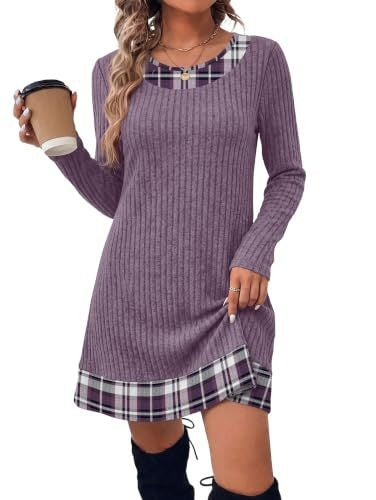 Damen Gerippte Longshirt‑Kleid mit Karierter Saum‑ und Ausschnittblende Shop Nory