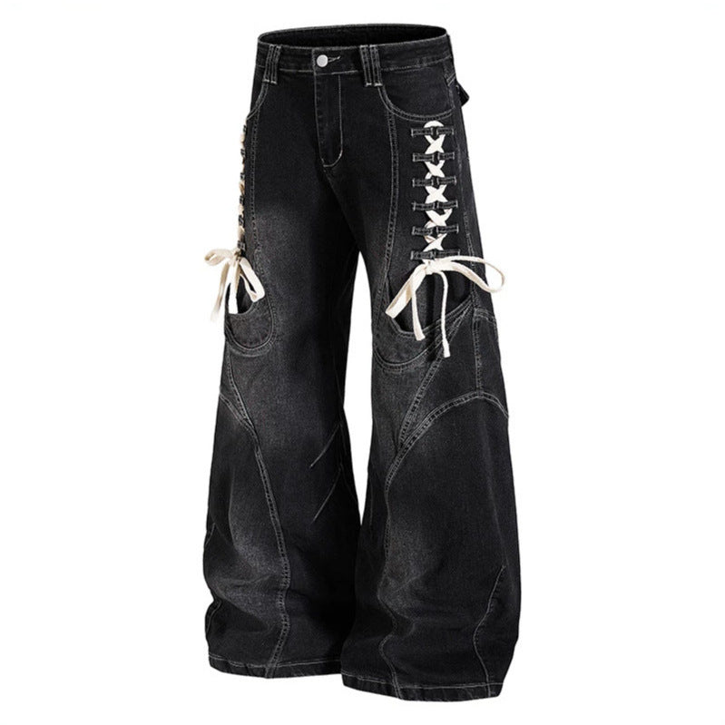 Damen Weite hochtaillierte Denim-Culotte mit seitlicher Schnürung und Cargo-Taschen Shop Nory
