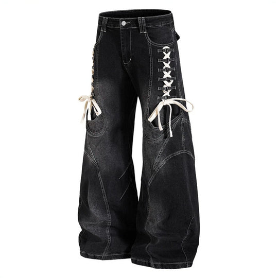 Damen Weite hochtaillierte Denim-Culotte mit seitlicher Schnürung und Cargo-Taschen Shop Nory