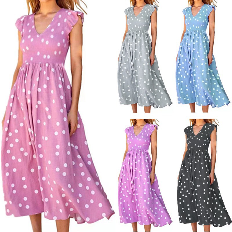 Damen Maxikleid mit einem verspielten Punktmuster und V-Ausschnitt