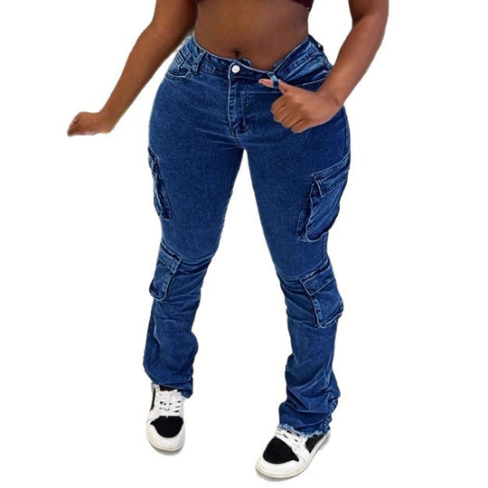 Damen Hochtaillierte Cargo-Jeans mit Mehrfach-Pattentaschen & ausgestelltem Saum Shop Nory