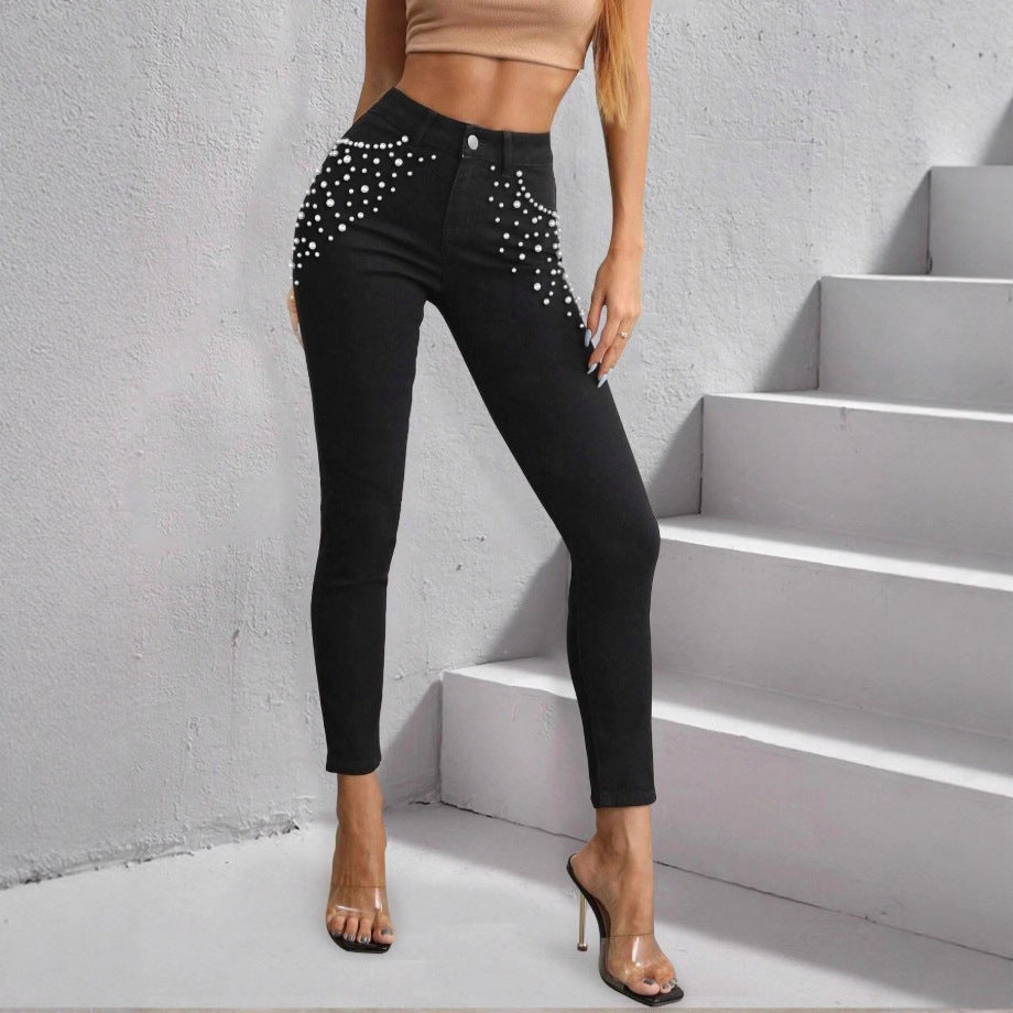 Damen Hochtaillierte Skinny-Jeans mit Perlenverzierung Shop Nory