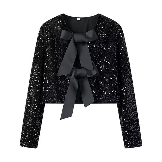 Damen Kurze Paillettenjacke mit Zierschleifen, Rundhalsausschnitt und langen Ärmeln Shop Nory