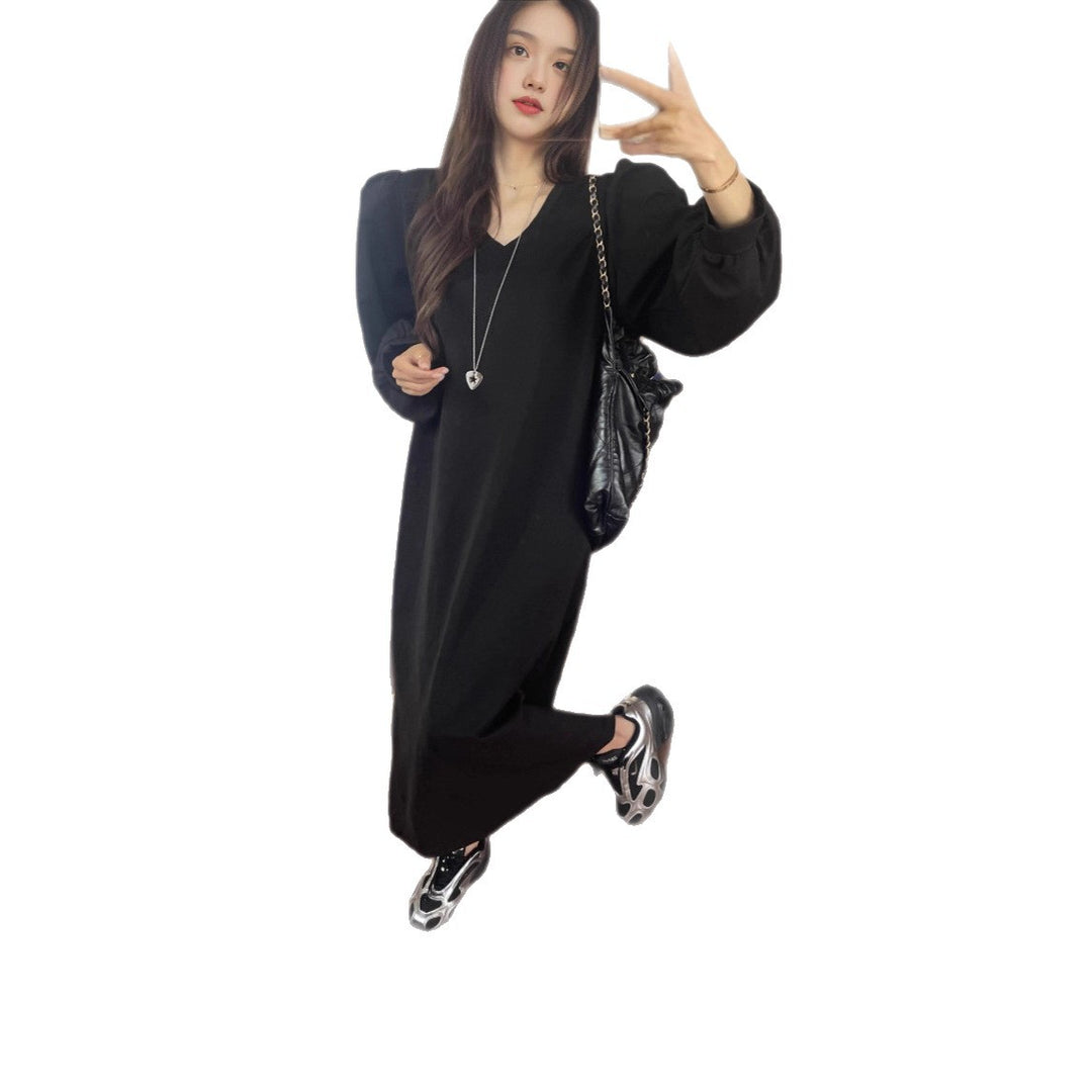 Damen Lässiges Maxi‑Sweatkleid mit V‑Ausschnitt, voluminösen Ballonärmeln und geradem Saum Shop Nory