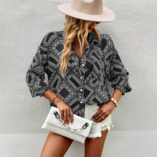 Damen nan lockere Paisley-Hemdbluse mit Button‑Down, Oversize‑Schnitt und 3/4‑Ärmeln Shop Nory