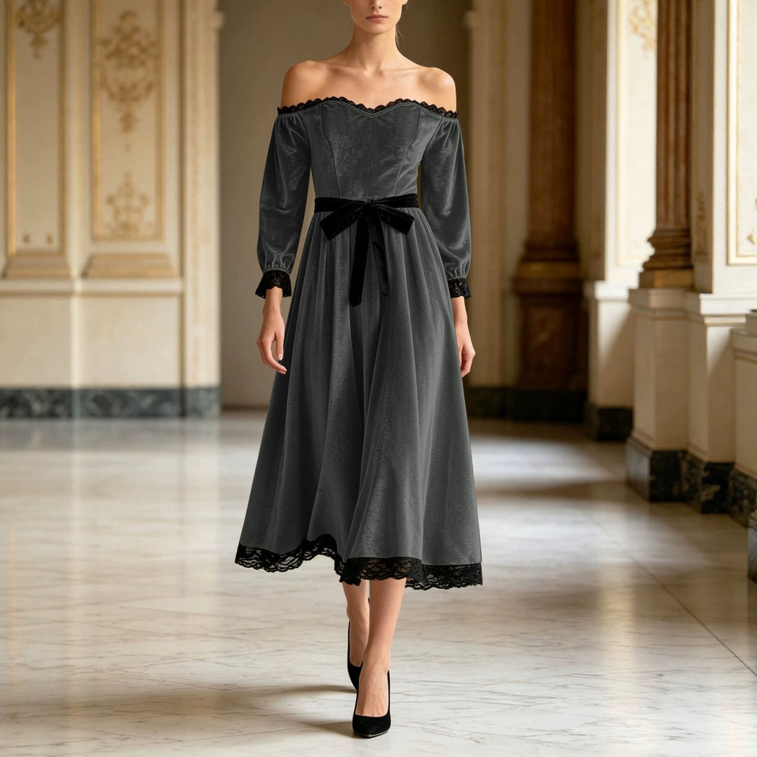 Damen Schulterfreies Samtkleid mit Spitzenbesatz, Samt-Taillengürtel und ausgestelltem Midirock Shop Nory