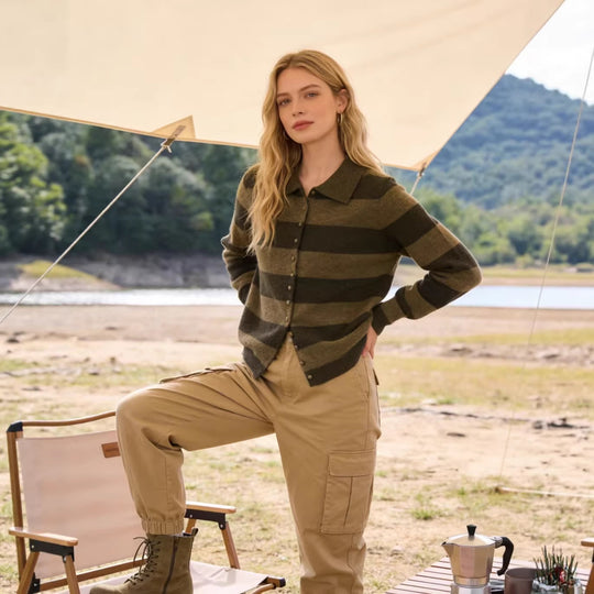 Damen Gestreifte Strickjacke mit Polokragen und Knopfleiste Shop Nory