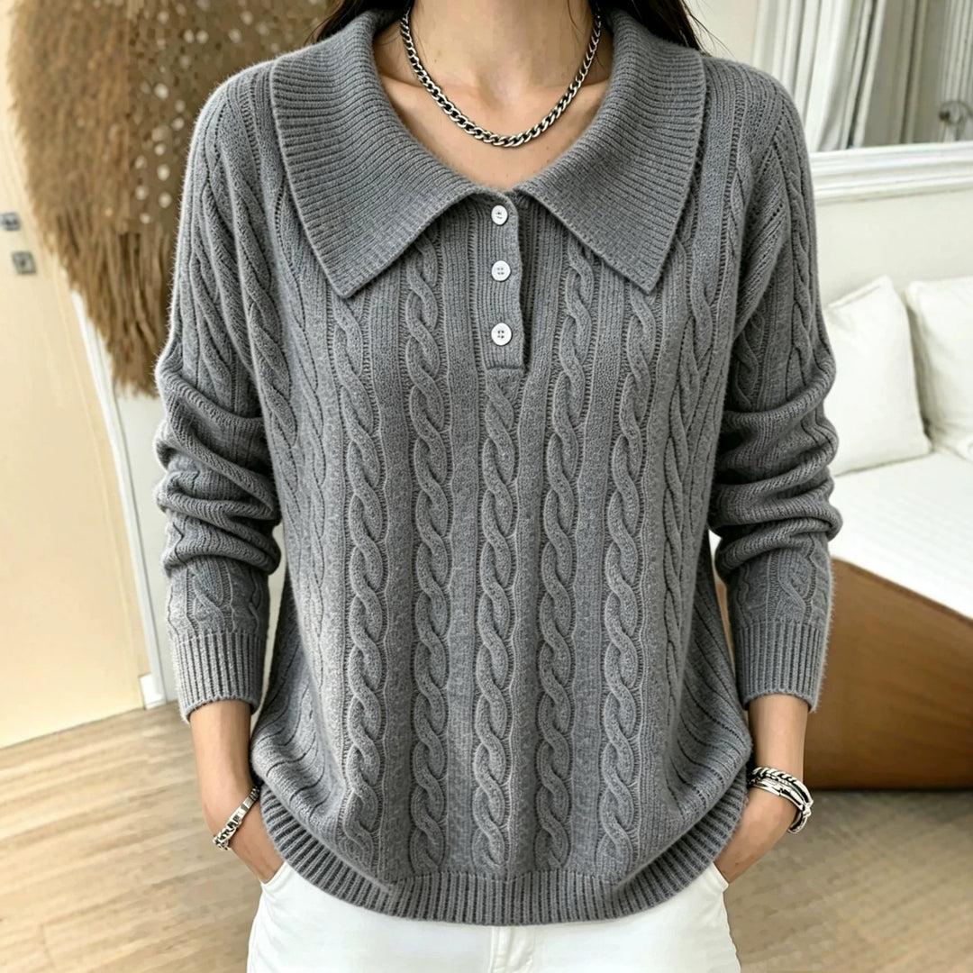 Damen Kabelstrick-Polo-Pullover mit großem Umlegekragen und lockerer Silhouette Shop Nory