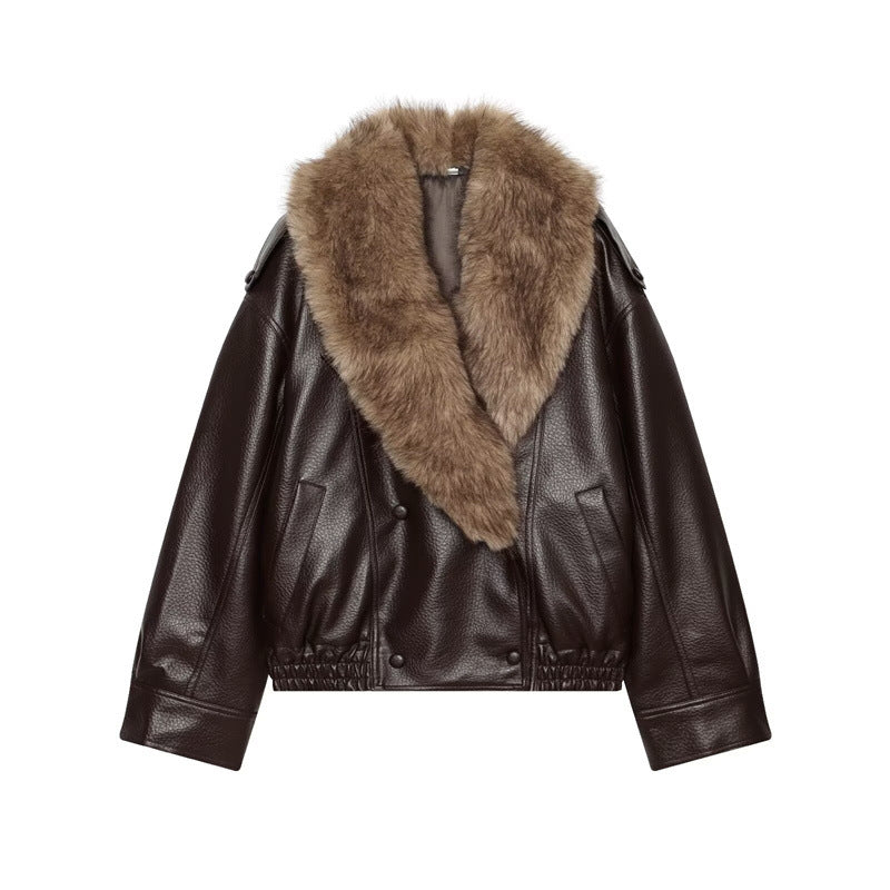 Damen Kurz geschnittene Lederjacke mit vollem Pelzkragen und elastischem Saum Shop Nory