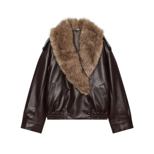 Damen Kurz geschnittene Lederjacke mit vollem Pelzkragen und elastischem Saum Shop Nory