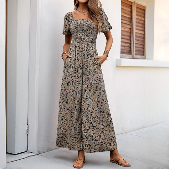 Damen Floraler Smocked-Jumpsuit mit Karree-Ausschnitt, Puffärmeln und weitem Beinschnitt Shop Nory