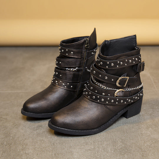Damen Stiefeletten mit modischen Schnallen und dekorativen Nieten