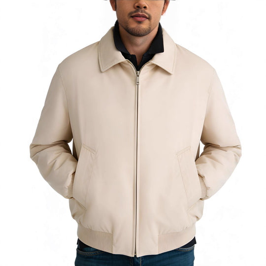 Herren Kurz geschnittene minimalistische Bomberjacke mit verdecktem Zweiwege-Reißverschluss und Hemdkragen Shop Nory