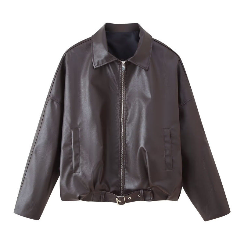 Unisex Oversize Kunstlederjacke mit Reißverschluss Hemdkragen und Taillengürtel Shop Nory