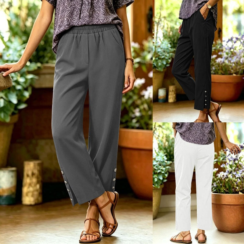 Damen Leichte Relaxed-Hose mit Gummibund, Seitentaschen und Knopfdetail Shop Nory