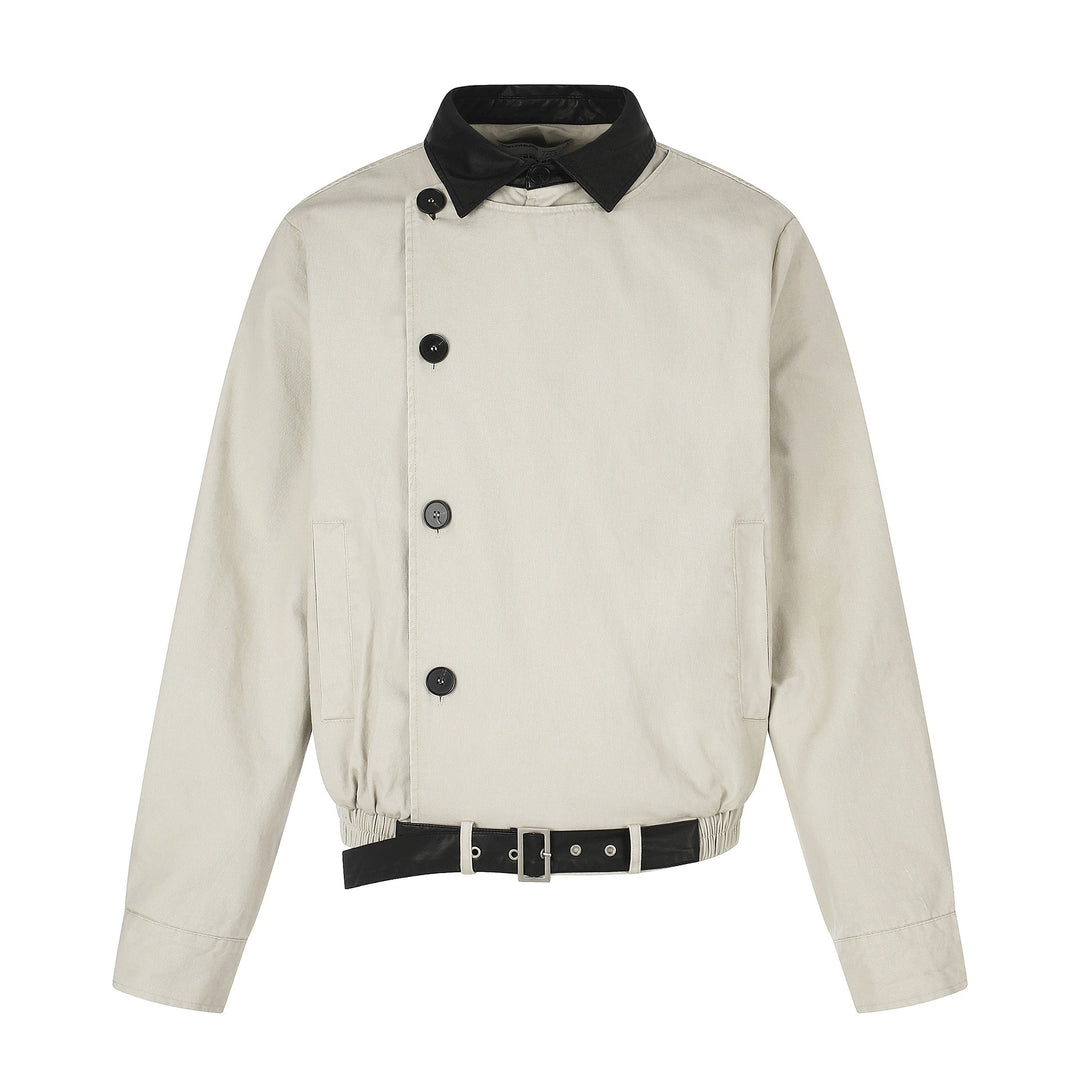 Herren Kurz geschnittener Boxy-Blouson mit asymmetrischer Knopfleiste, Taillengürtel und Kontrastkragen Shop Nory