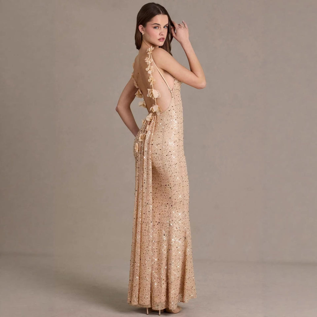 Damen elegantes Pailletten-Maxi-Kleid mit schickem Wasserfallausschnitt und figurbetonter Silhouette Shopnory