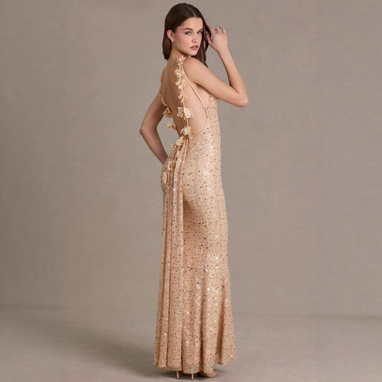 Damen elegantes Pailletten-Maxi-Kleid mit schickem Wasserfallausschnitt und figurbetonter Silhouette Shopnory