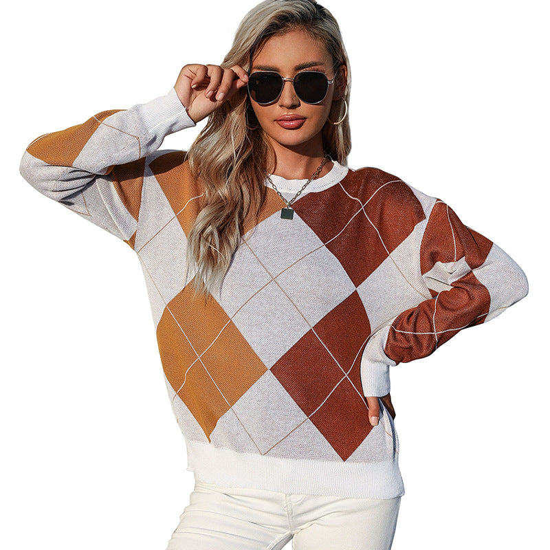 Damen Leichter Argyle-Feinstrickpullover mit Rundhalsausschnitt und lockerer Passform Shop Nory