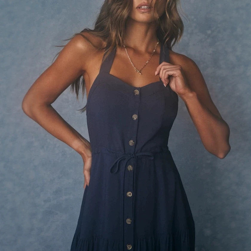 Damen Maxikleid mit nostalgischem Knopfverschluss und verstellbaren Trägern Shopnory