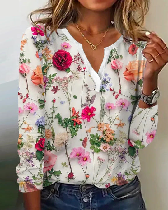 Damen Floral Lange Bluse im Chiffon-Look mit V-Schlitz und Lässiger Silhouette Shop Nory
