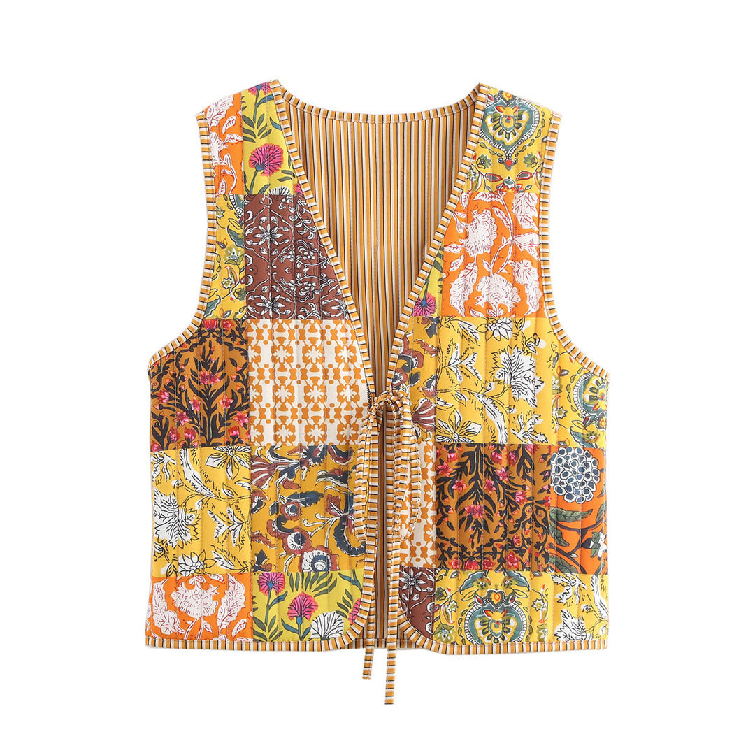 Damen Patchwork-Weste mit Bindeband und V-Ausschnitt Shop Nory