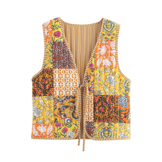 Damen Patchwork-Weste mit Bindeband und V-Ausschnitt Shop Nory