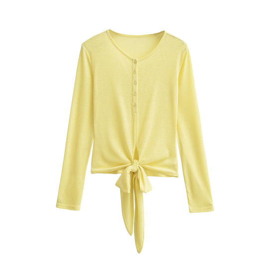 Damen Langarm-Henley-Top mit Knotenfront und Knopfleiste Shop Nory