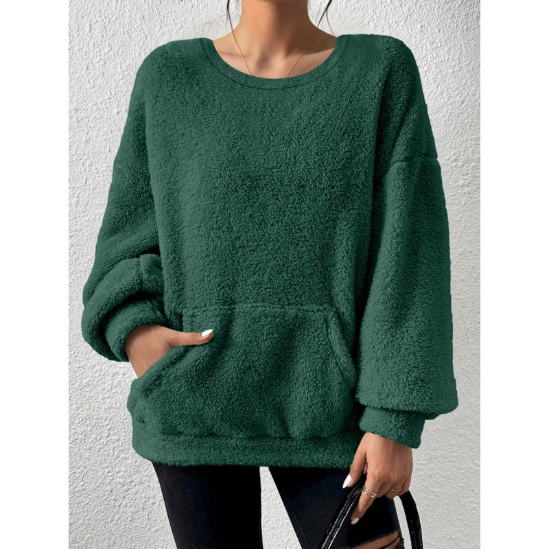 Damen Kuscheliger Oversize-Sherpa-Pullover mit Kängurutasche und Ballonärmeln Shop Nory