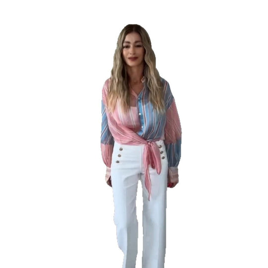 Damen Leichte gestreifte Hemdbluse mit Knotenfront, Oversize-Schnitt & Ballonärmeln Shop Nory