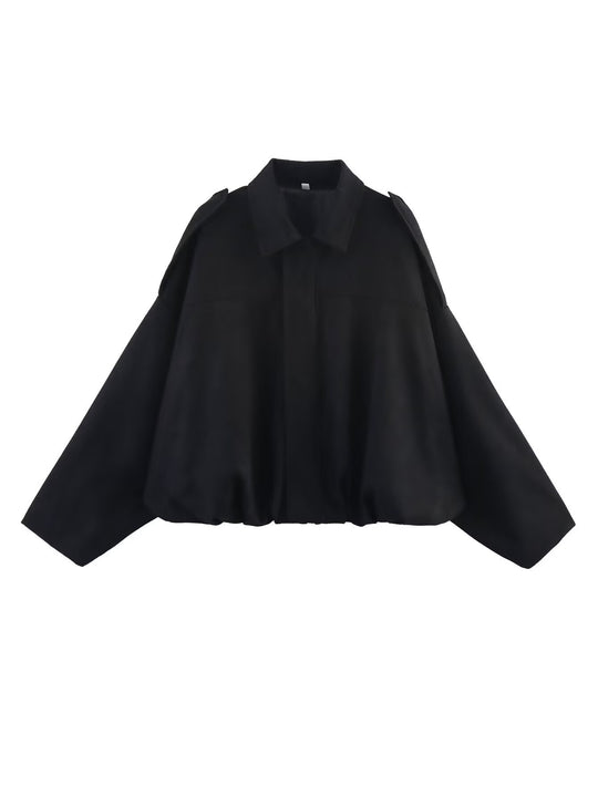 Damen Gekürzte Oversize-Blousonjacke aus Veloursoptik mit Tunnelzugsaum und Schulterpatten Shop Nory