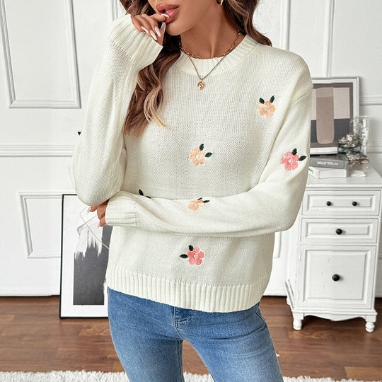 Damen Feinstrick-Pullover mit gestickten Blumenapplikationen und Rundhalsausschnitt Shop Nory