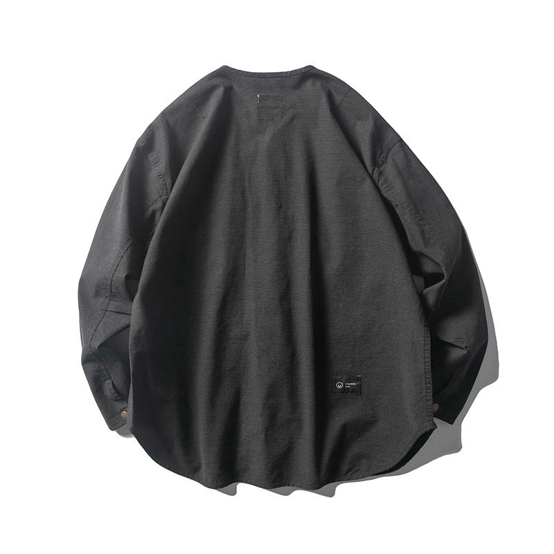 Unisex Kragenlose Overshirt-Jacke mit Druckknopfblende und aufgesetzten Brusttaschen Shop Nory