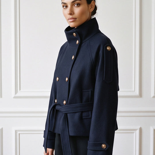 Damen Kurzer doppeltreihiger Mantel mit Stehkragen und Bindegürtel Shop Nory