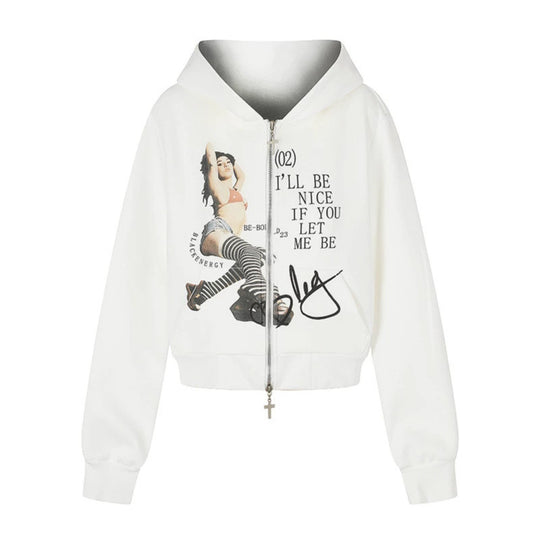 Damen Kapuzen-Sweatjacke mit Fotoprint, kurzem Cropped-Schnitt und Kreuz-Zipper Shop Nory