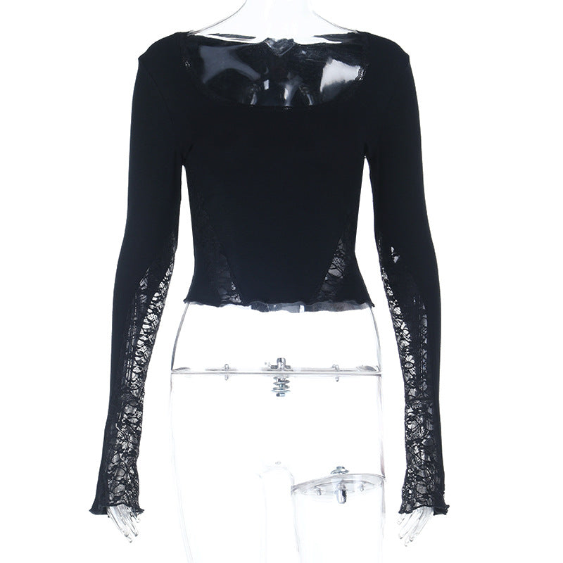 Damen Figurbetontes Cropped-Longsleeve mit transparenten Spitzeneinsätzen Shop Nory