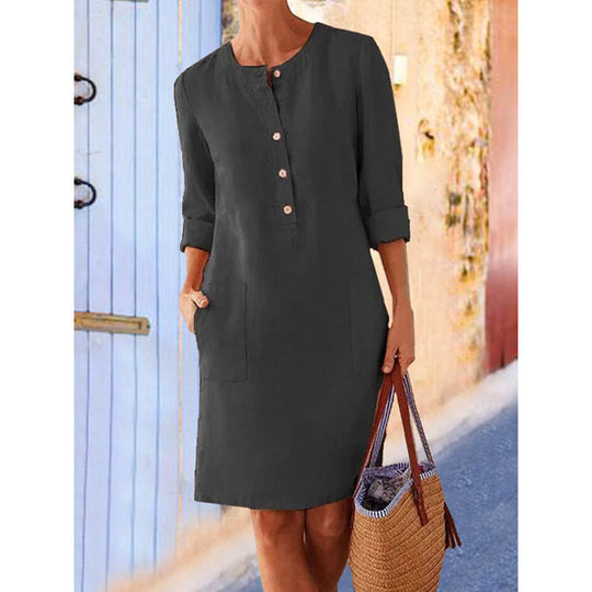 Damen Locker geschnittenes Leinenoptik-Kleid mit dreiviertel-Ärmeln, Knopfleiste und Eingrifftaschen Shop Nory