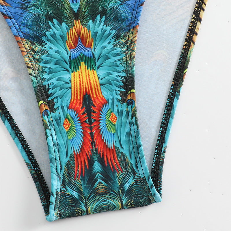 Damen Push-Up Bikini-Set mit exotischem Pfauenmuster und eleganten Schmuckdetails Shopnory