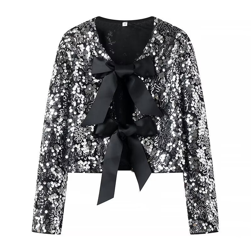 Damen Pailletten-Bolerojacke mit dekorativen Satin-Schleifen Shop Nory