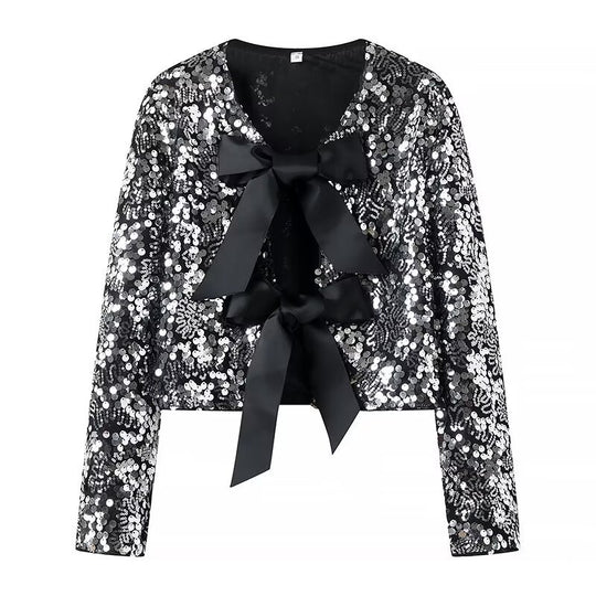 Damen Pailletten-Bolerojacke mit dekorativen Satin-Schleifen Shop Nory