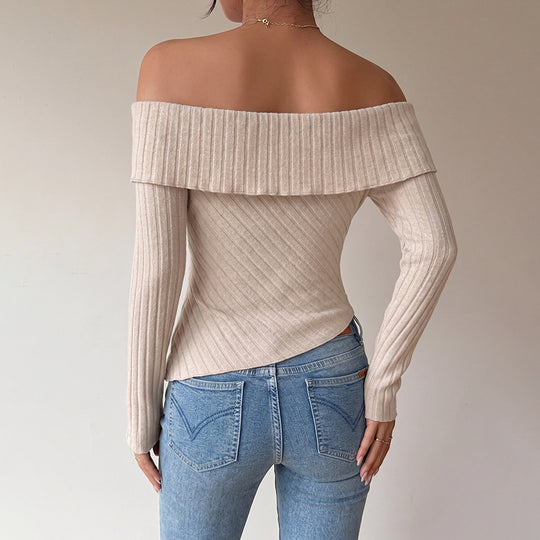Damen Schulterfreies asymmetrisches Rippstrick-Top mit Knotenpasse Shop Nory